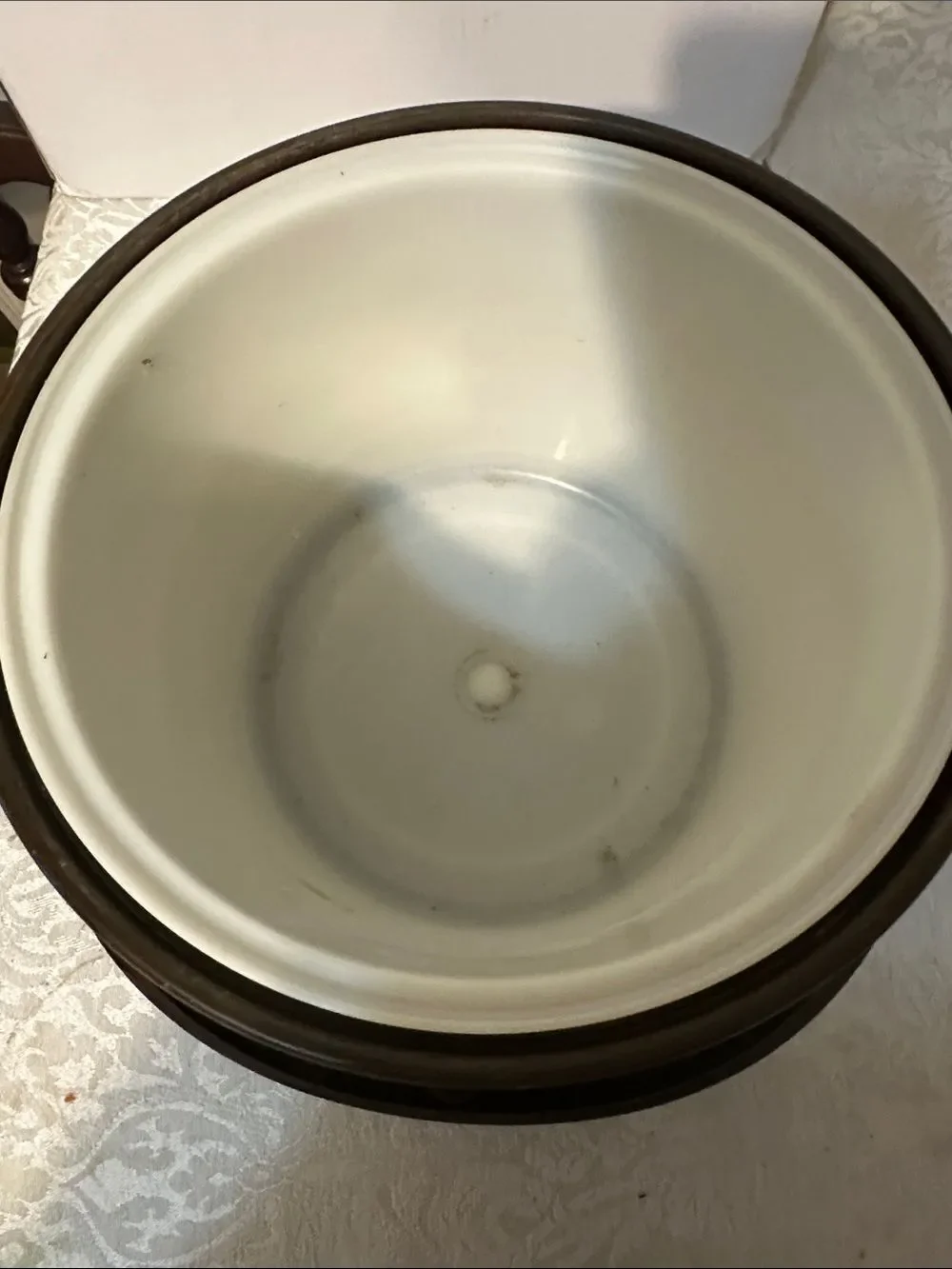 Brown Faux-Wood Ice Bucket with Handle and Yellow Knob